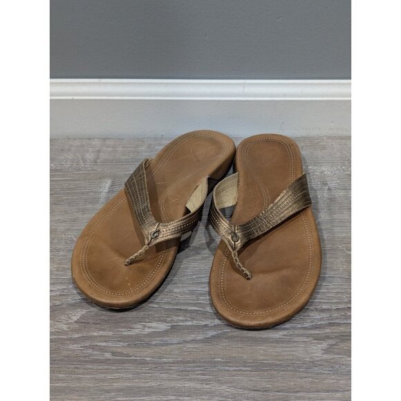 OluKai Women’s Leather Flip Flops/Sandals/Thongs Gold Straps Size 9 - Picture 1 of 16